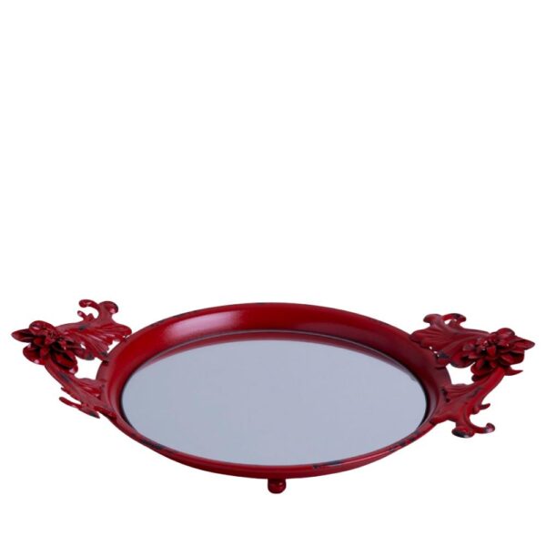 Loja Casa Canto - Bandeja de Metal e Cristais - Bandeja Redonda D.30cm Metal com Flores Vermelha Espelho Casa Bonita