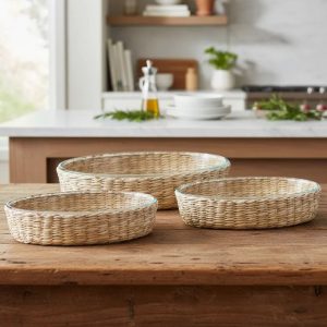 Assadeira e Travessa Refratárias Vidro Ovais 3un com Suporte de Rattan