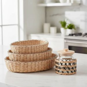 Travessa e Assadeira Refratárias Ovais 4un Vidro com Suporte de Rattan