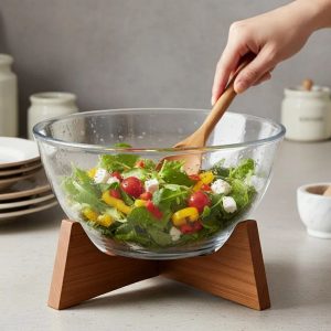 Bowl, Saladeira, Tigela Vidro Borossilicato Suporte Madeira Acacia 2,7litros e 23x23x15cm