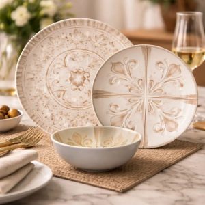 Prato Raso, Sobremesa e Bowl Melamina 18un Floral Bege