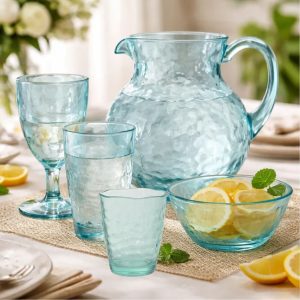 Jarra, Taça ,Copos e Bowls 25pç Acrílico Martelado Azul