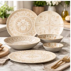 Prato Raso, Sobremesa, Bowl e Travessas Melamina 27un Floral Bege