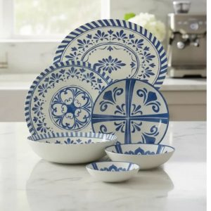 Prato Raso, Sobremesa, Bowl e Travessas Melamina 27un Floral Azul
