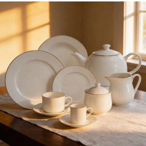 Aparelho de Jantar e Chá 45pç Porcelana Filete Ouro Royal Hauskraft Premium