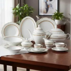 Baixela Serviço Jantar Trésor 50pç Porcelana New Bone Filete Dourado