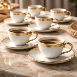 Jogo Xícaras para Café Dubai  90ml Branco c/ Filete Dourado 6un Porcelana Wolff