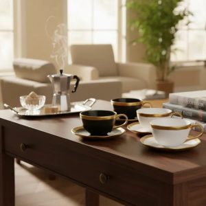 Jogo Xícaras para Café Dubai  90ml  c/ Filete Dourado 4un Porcelana Wolff