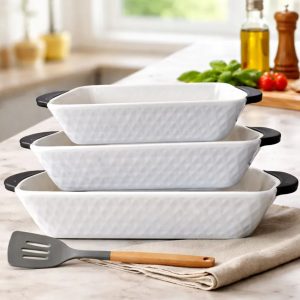 Assadeiras e Travessas Retangulares Branca com Alça Silicone 3pçs Lepontine