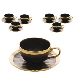 Jogo Xícaras para Café Dubai  90ml Preto c/ Filete Dourado 6un Porcelana Wolff
