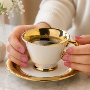 Xicara para Café Aurine 4un Porcelana Branca e Dourada New Bone 90ml l'Hermitage