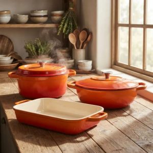 Jogo de Panelas Ferro 3un Laranja 24 e 26cm  Estilo Staub e Le Creuset
