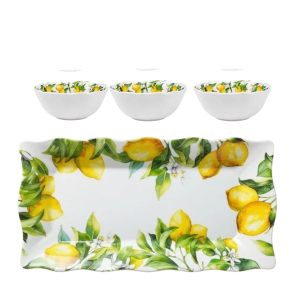 Travessa  Retangular e 3un Bowls  180ml 4pç Limão Siciliano Melamina