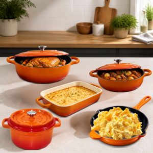 Jogo de Panelas Ferro 5un Laranja  Estilo Staub e Le Creuset