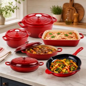 Jogo de Panelas Ferro 6un Vermeha  Estilo Staub e Le Creuset