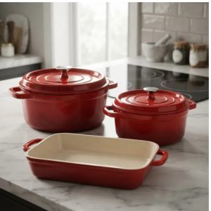 Jogo de Panelas Ferro 3un Vermelha 24 e 22cm  Estilo Staub e Le Creuset