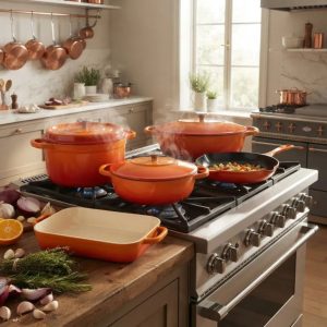 Jogo de Panelas Ferro 5un Laranja  Estilo Staub e Le Creuset