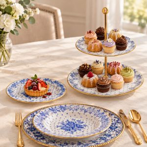Prato Raso,Fundo e Sobremesa Duchesse Blue Fio Ouro 26cm  19un Wolff