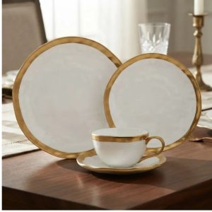 Aparelho de Jantar e Chá 18pç Porcelana Branca e Dourada Dubai Wolff