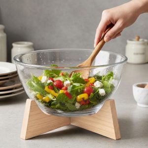 Bowl, Saladeira, Tigela Vidro c/ Tampa e  Suporte Madeira 2,7litros