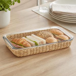 Travessa e Assadeira Refratárias 34,5x20x5cm  2,2litros e Suporte de Rattan